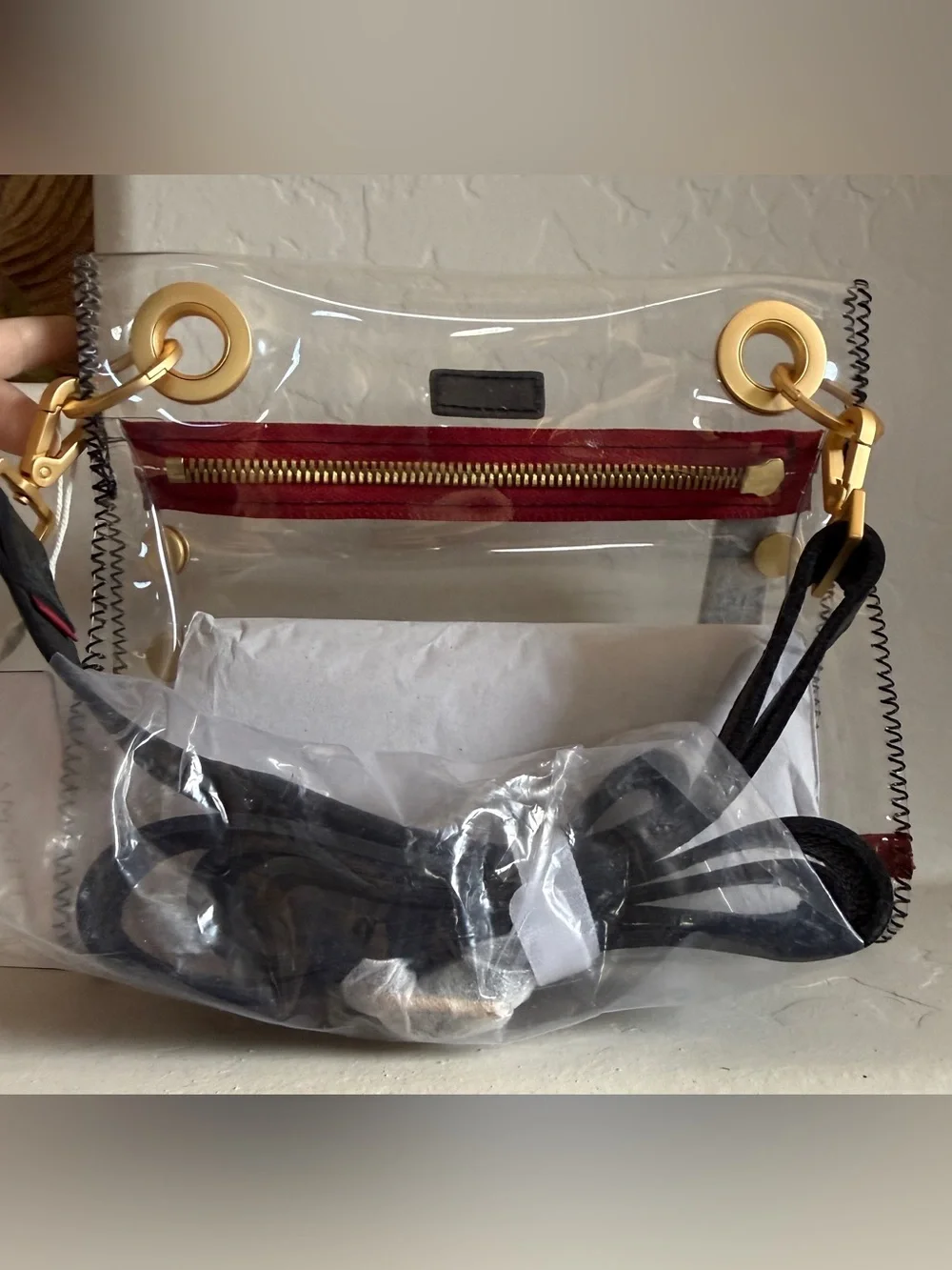 HAMMITT Tony Small Bag ~ Clear Brushed Gold/Black/Red NWT